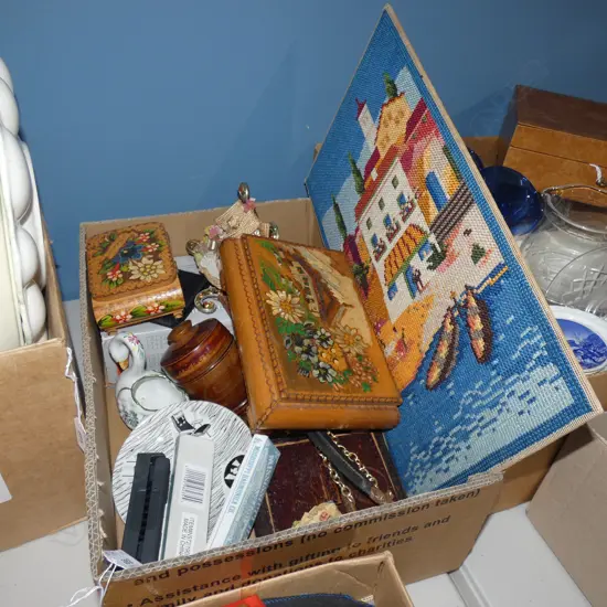 BOX LOT SWORDS, NEEDLEWORK, LILLIPUT LANE ETC
