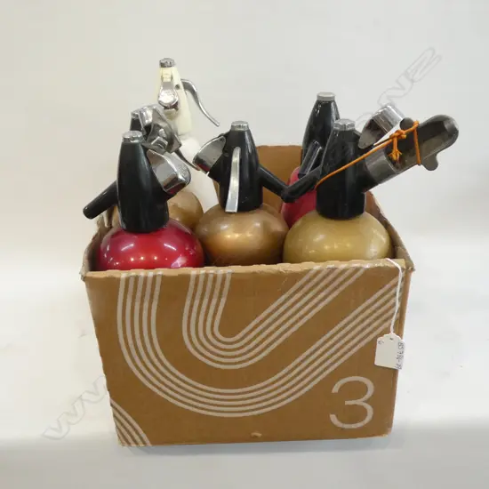 SIX ANODISED SODA SYPHONS 