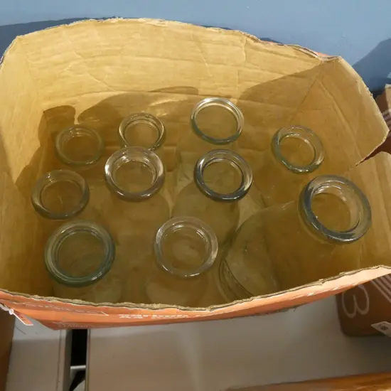 BOX LOT VINTAGE MILK BOTTLES ETC