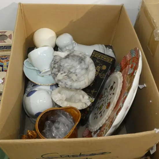 BOX LOT ASST. ORIENTAL ITEMS; CERAMIC PILLOWS, JUG, MINI SCREEN, MARBLE ETC