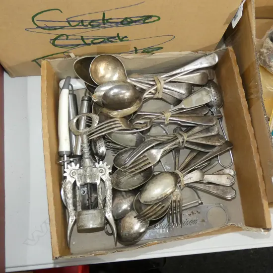 BOX OLD SILVER PLATE CUTLERY ETC..