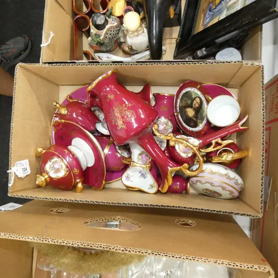 BOX LOT ASST LIMOGES CHINA; VASES / C&S/ PLATE / MINIATURES ETC.