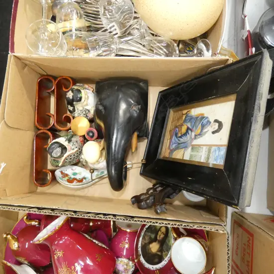 SM BOX ORIENTAL ITEMS; SPOONS / STANDS/ FIGURES ETC..