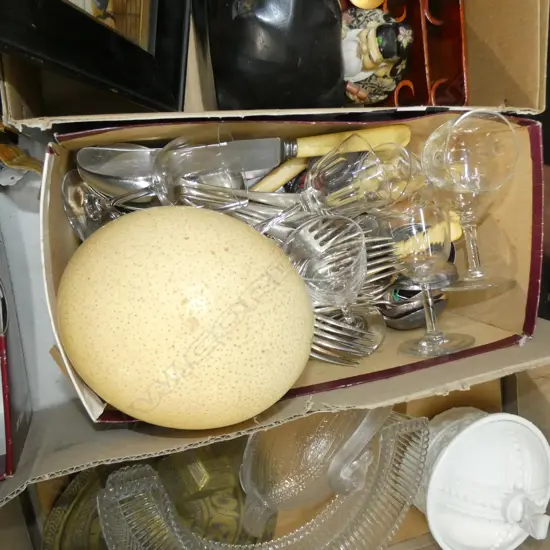 BOX LOT ASST. CUTLERY INCL. 'BONE' HANDLES, OSTRICH EGG ETC