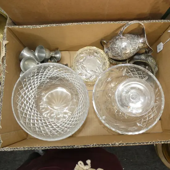 BOX LOT ASST CRYSTAL & GLASS BOWLS; SILVER PLATE ETC..