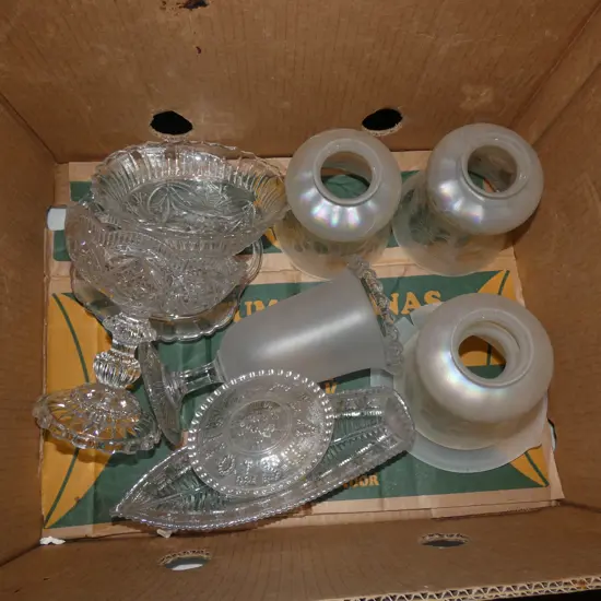 BOX ASST VINTAGE GLASS DISHES / VASES ETC. + 4 GLASS LAMP SHADES 