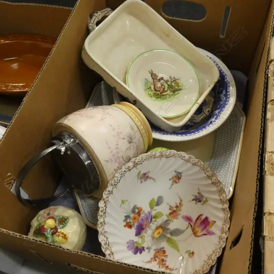 BOX LOT ASST VINTAGE CHINA INCL DRESDEN ETC.