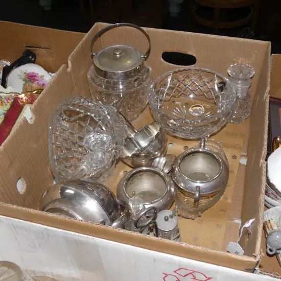 BOX ASST SILVER PLATE & GLASS; TEA SET / CRUET  ETC