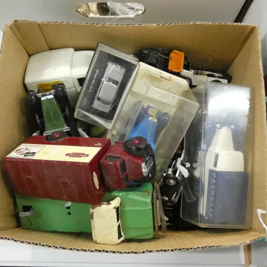 BOX LOT VINTAGE CARS, CUTLERY ETC