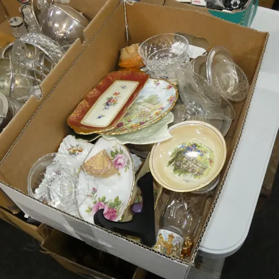 BOX LOT ASST GLASS, CRYSTAL & CHINA ETC. INCL. AYNSLEY / ROYAL ALBERT 