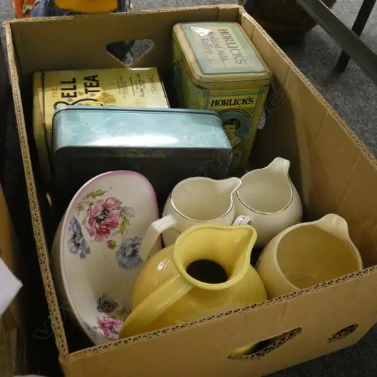BOX LOT VINTAGE CHINA JUGS ETC & 3 LG OLD TINS; HORLICKS ETC