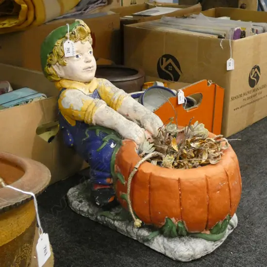 CONCRETE PLANTER BOY WITH PUMPKIN L 600 MM
