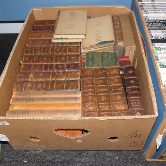 BOX LOT LEATHERBOUND BOOKS; THACKERAY ETC