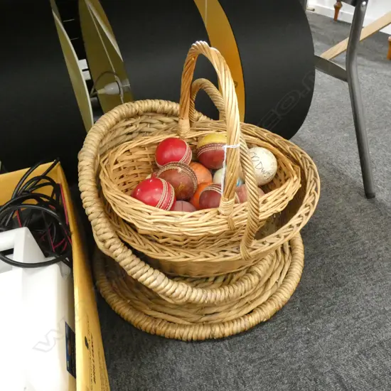 3 WOVEN BASKETS + CRICKET BALLS