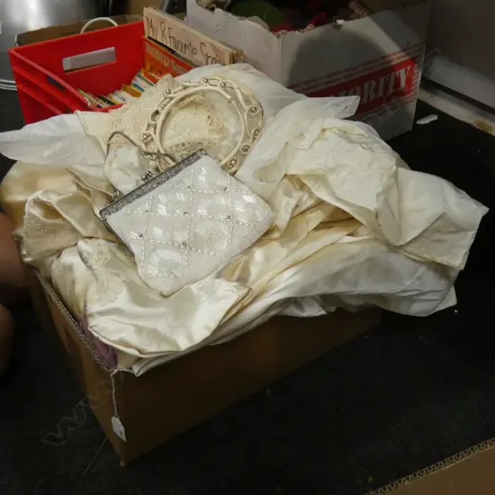 BOX LOT VINTAGE FASHION; WEDDING DRESS, 20s DRESSES