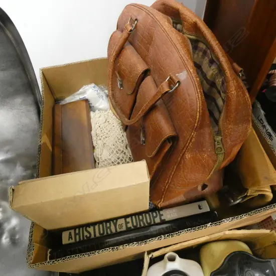 BOX LOT BRADFORD EXCHANGE PLATES, BAGS, BOOKS, LINENS ETC