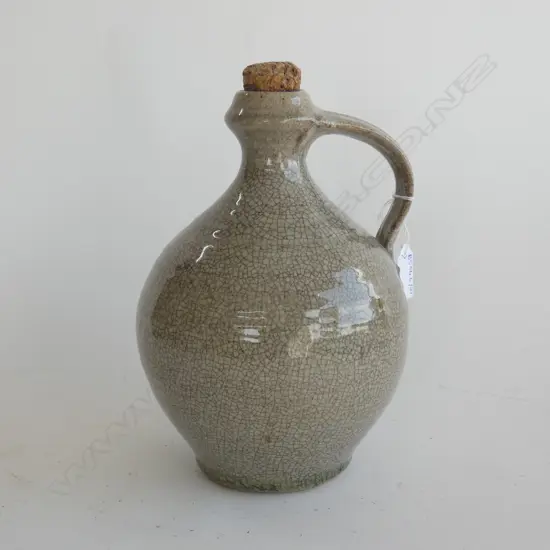 STUDIO POTTERY CRACKLE GLAZED OVOID HANDLED FLAGON NO MARKS H.250mm