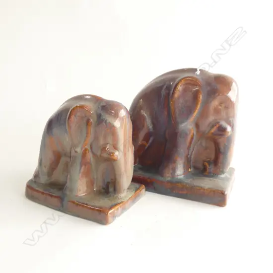 PR POTTERY ELEPHANTS LG L 165 SM L 135MM - MAKERS MARK WORN ?? WARE 