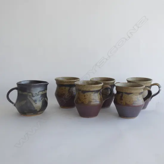 5 STUDIO POTTERY MUGS + MILK JUG (RIM CHIP)