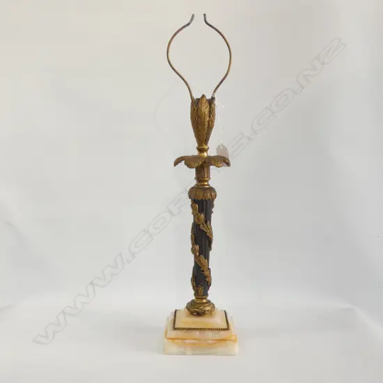 ART NOUVEAU TABLE LAMP BASE (NEEDS REWIRING)- MARBLE BASE - GOLD GILDED LEAVES TWINED AROUND BLACK COLUMN H. 490MM 