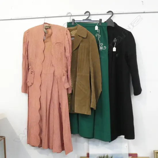 ASST VINTAGE CLOTHES; DRESS w COAT / SKIRT / BLACK WOOL COAT & RETRO SUEDE COAT