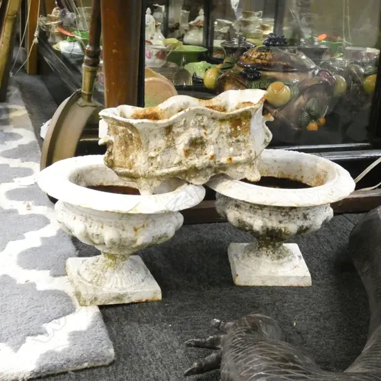 3 VINTAGE CAST IRON PLANTERS