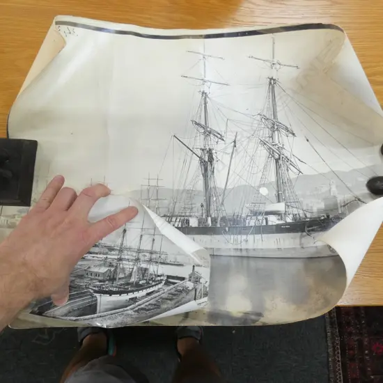 UNFRAMED PHOTO PRINT OF BURTON BROs GLASS PLATE NEG 'PORT CHALMERS c.1880' & ANOTHER OF SAILING SHIP IN DRY DOCK. 