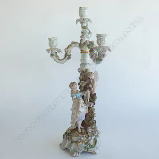 VINTAGE GERMAN FIGURUAL 4 STEM CANDELABRA - APPLIED FIGURES; CHERUB / LADY & FLOWERS H. 525MM