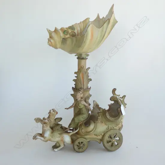 LG PORCELAIN BISQUE CENTRE PIECE - LADY ON CARRIAGE w WINGED TIGERS - LARGE SHELL BOWL AT TOP H 510MM