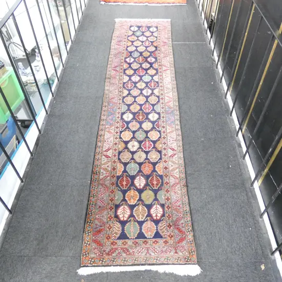 HAND KNOTTED IRANIAN ARDEBIL RUNNER, WOOL ON COTTON, THE FIELD DECORATED w BOTEH MOTIFS ON INDIGO GROUND, 3080 x 780mm