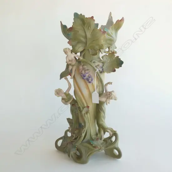 ART NOUVEAU STYLE LG BISQUE VASE w LADIES, CHERUB & VINES H. 475MM