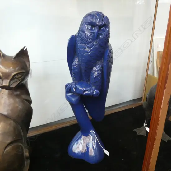 BLUE PAINTED CARVED WOODEN OWL ON BRANCH H.600mm