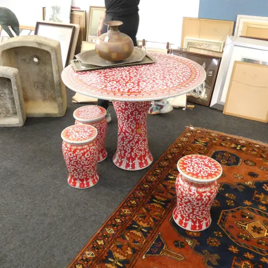 CHINESE RED ENAMEL PORCELAIN ROUND TABLE & 3 STOOL SET