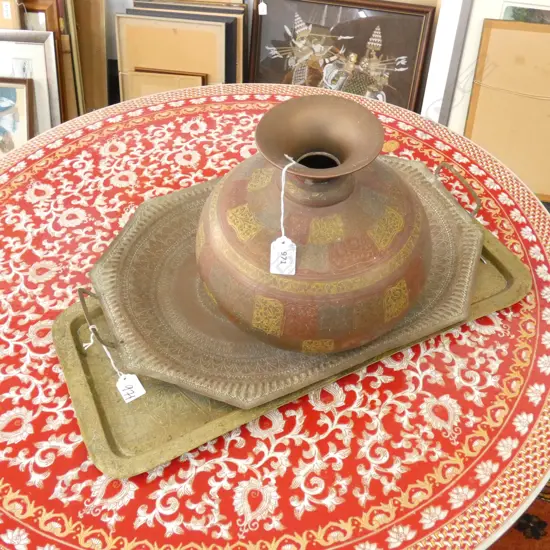OLD BRASS TRAY(L570MM) & COPPER TRAY + LARGE METAL VASE (300MM)