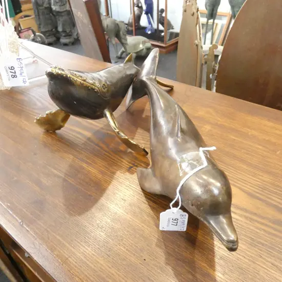 2 BRONZES; SPERM WHALE & DOLPHIN L.305mm