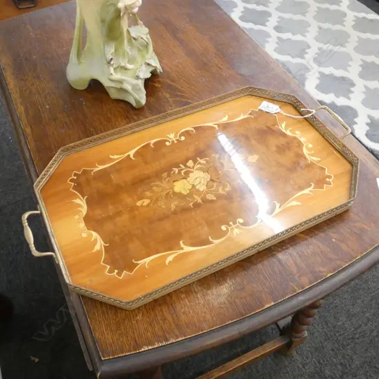 INLAID WOOD BRASS RIMMED TRAY 535MM