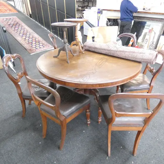 CIRCULAR VICTORIAN TABLE 1360mm dia + 6 BALLOON BACK CHAIRS LEATHER UPHOLSTERY
