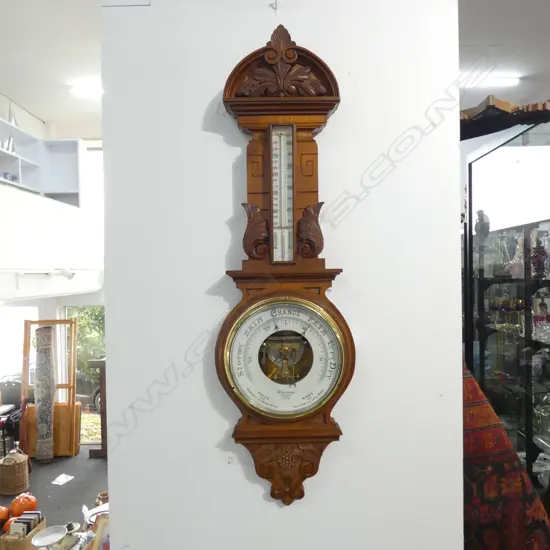 LG ORNATELY CARVED WOODEN BAROMETER & THERMOMETER H. 895MM