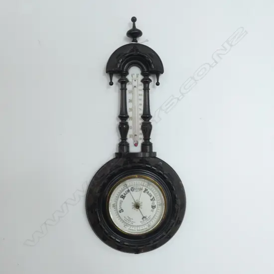 ANTIQUE BAROMETER W THERMOMETER IN CARVED WOODEN SURROUND H 500MM 