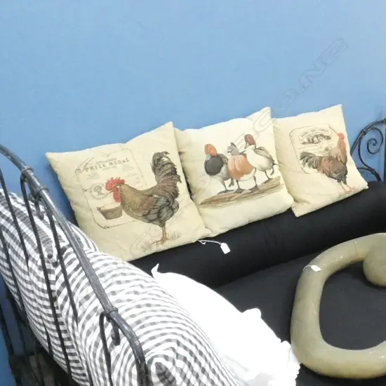 3 CUSHIONS WITH BIRD DESIGNS; ROOSTERS / DUCKS & PHEASANT