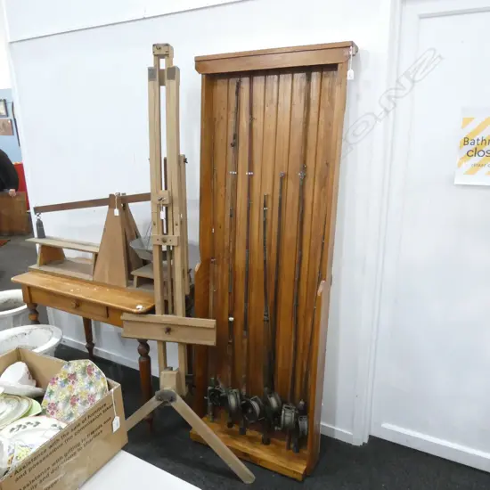 7 OLD FLY FISHING RODS IN WOODEN DISPLAY CASE 1860x720mm