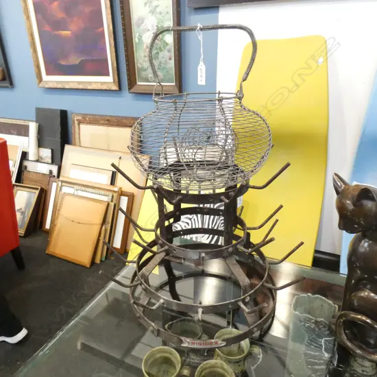 FRENCH METAL WINE BOTTLE DRYER + 2 WIRE BASKETS