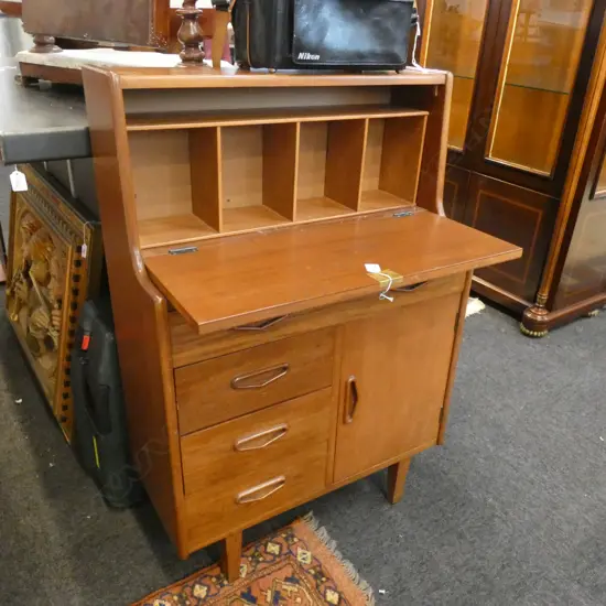 RETRO WOODEN DROP FRONT DESK W 4 DRAWERS / CUPBOARD & SHELVING L 725MM