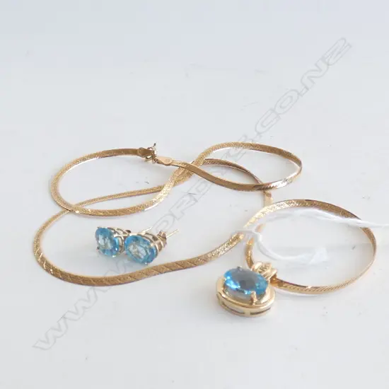 14K & BLUE STONE NECKLACE & EARRING SET 8.97gms