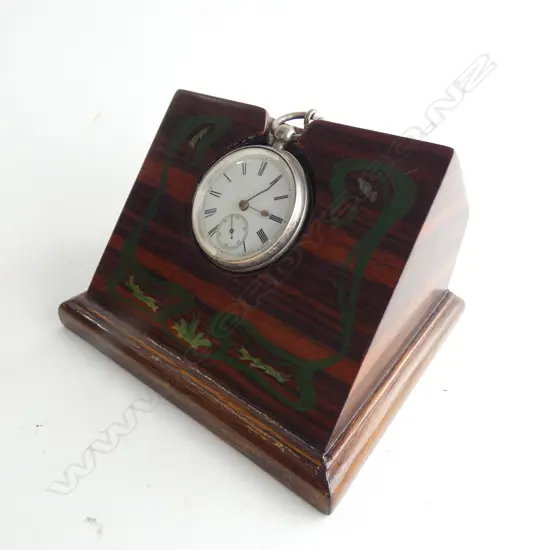 VINTAGE POCKET WATCH & CHAIN WITH WOODEN DISPLAY STAND LIDDED BOX