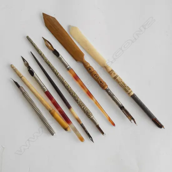8 ASST VINTAGE INK DIP PENS; BONE CARVED / STG SILVER ETC..