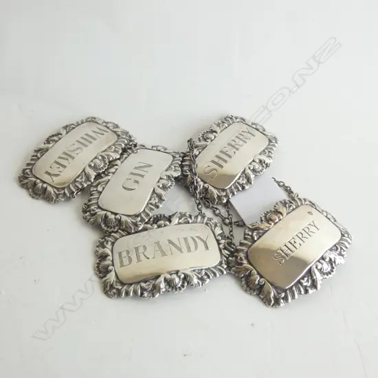 4 STG SILVER DECANTER LABELS, LONDON 1897, 1898 + 1 EP