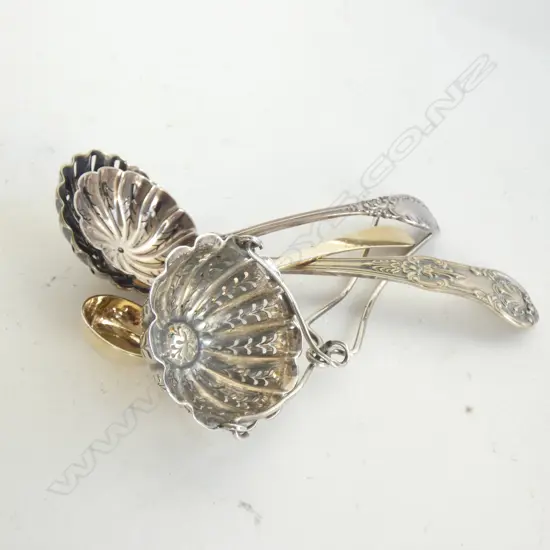 2 EP SIFTER SPOONS, CONT. SILVER TEA STRAINER + SILVER GILT SALT SPOON