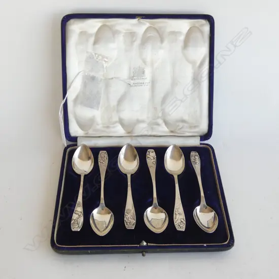 SET OF 6 STG SILVER TEASPOONS, CASED