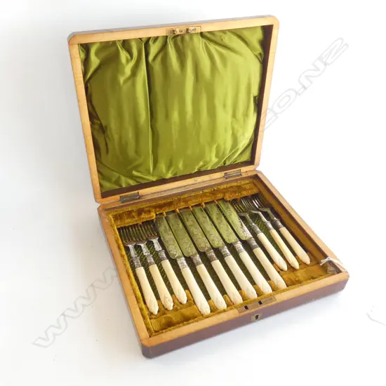 VINTAGE WOODEN BOXED SET BONE CARVED & EP FRUIT CUTLERY SET; 6 KNIVE / 6 FORKS